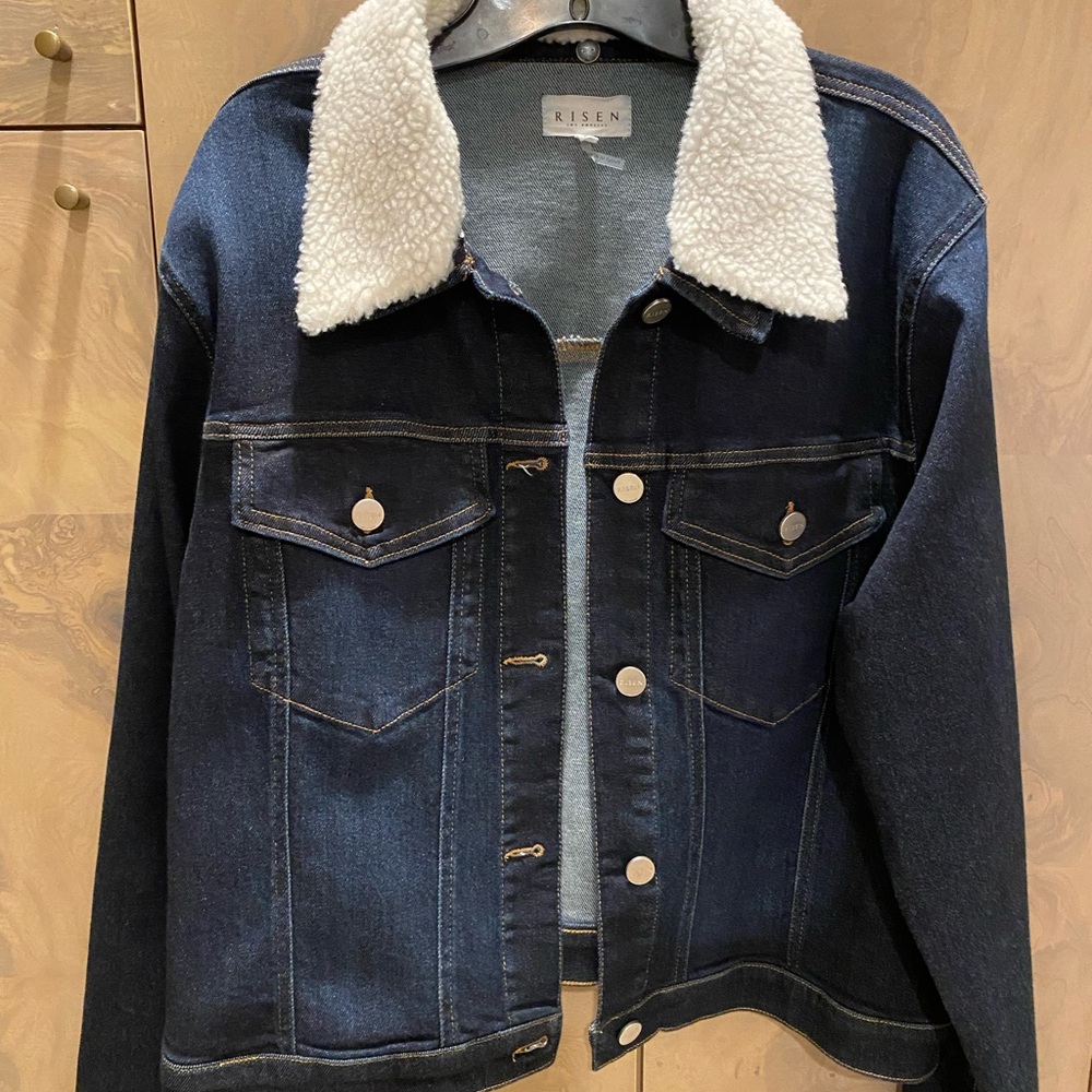 Women's Plus Denim Jacket with White Sherpa Collar